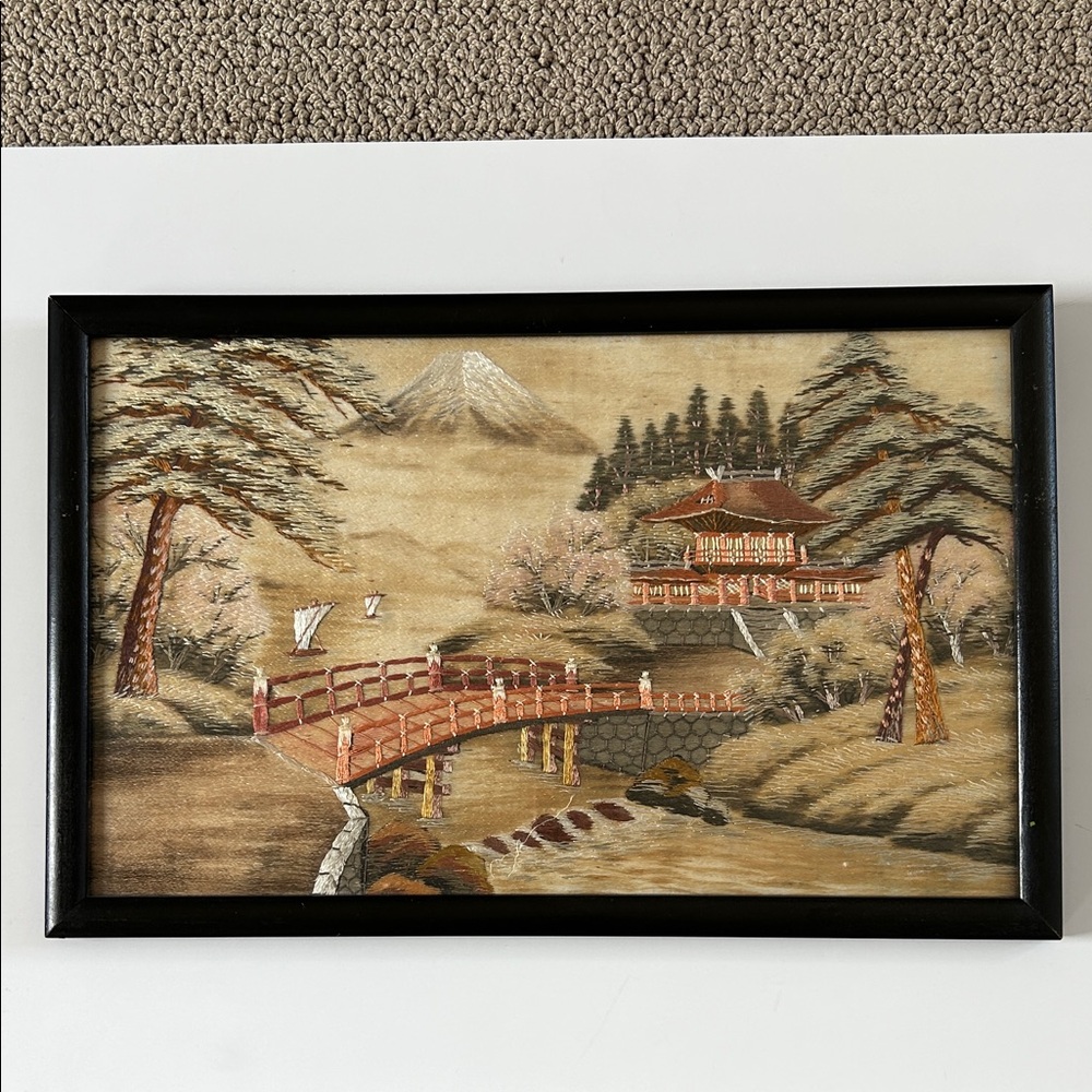 Vintage Silk Embroidered Japanese Landscape Framed Wall Art - Neutral Tones